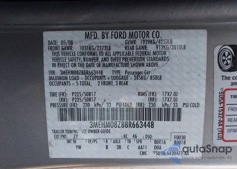 2008 Mercury Milan I4 Premier из США, поврежденный, VIN 3MEHM08Z88R663448